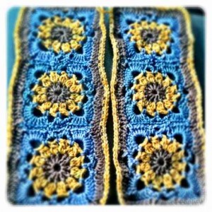 crochet yellow and blue sunflower motifs