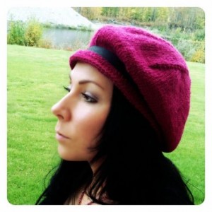 side view knitting mulberry hat with black trim