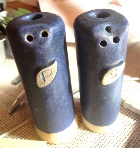 leaning ceramic salt and pepper shakers