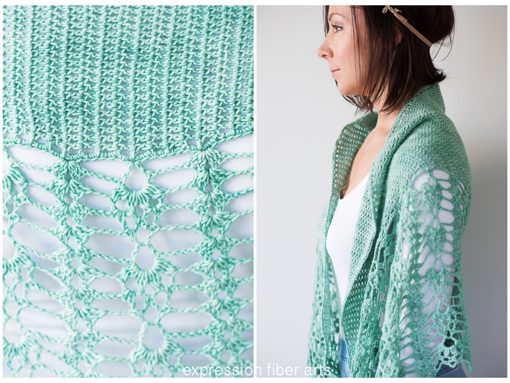 Pistachio Falls Cascading Crescent Crochet Shawl Pattern by expression fiber arts