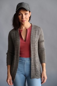 Campside Cardi Knitted Pattern in expression fiber arts Pewter Alpaca Silk Dk Yarn